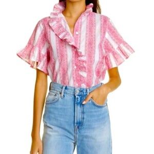MILLE Vanessa Ruffle Detail Cotton Blouse Pink Floral Size S
